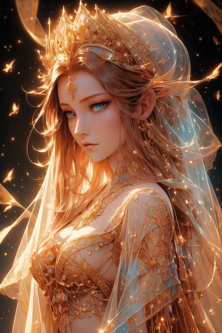 A masterpiece illustration of a striking woman with red hair and blue eyes, gazing up at the starry desert sky. She floats amidst floating sand flows, her delicate features illuminated by a warm, ink-like light. Her beauty is accentuated by the soft focus depth of field, which blurs the background, leaving only the swirling sands and colorful bubbles suspended around her. The veil of her flowing red locks partially covers her bare shoulders, drawing attention to her small breasts and navel. The overall effect is one of ethereal wonder, as if she's a mystical being conjured from the desert itself.