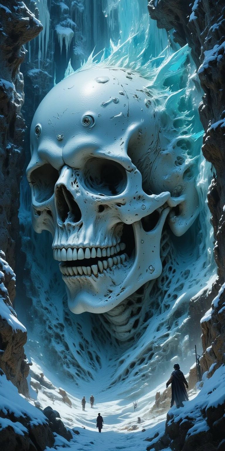 stylized dark fantasy, a skull carved into ice




