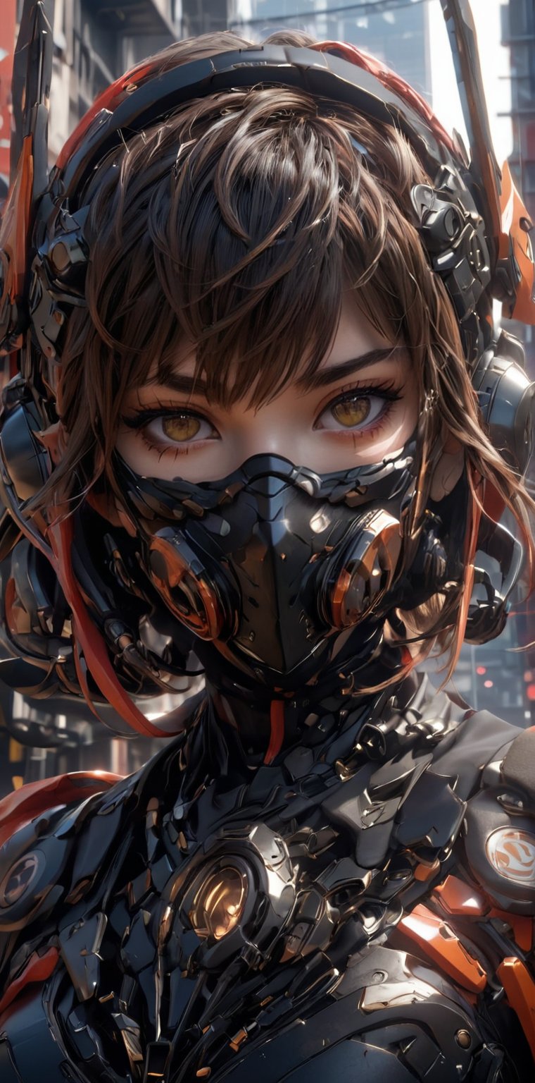 score_9, score_8_up, score_7_up, realistic skin texture, detailed anime, HD32k,1girl, solo, looking at viewer, short hair, bangs, mask, headgear, city battlefield, science fiction, covered mouth, mechanical ears, photography, closeup of face
