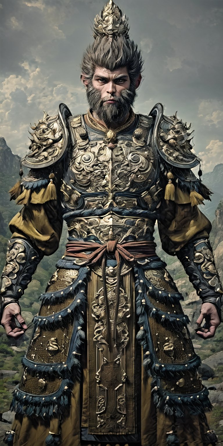 Black Myth: Wukong ,a solitary young monkey man, with short hair and a strong jawline, gazes directly at the viewer from amidst a blurred outdoor landscape. His facial hair is well-defined, and his closed mouth conveys a sense of determination. He wears shouldering armor, with a subtle beard adding to his rugged appearance. The focus remains on his upper body, while the mountainous background fades into a soft blur.