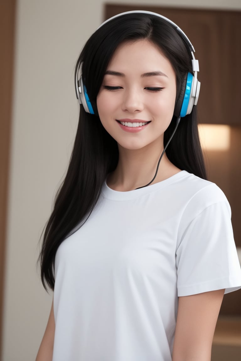 1girl, solo, black_blonde_hair, long_hair, headphones, realistic, shirt, look_at_viewer, blue_eyes, lips, blurry, upper_body, white_shirt, closed_mouth, smile, body is front on camera, straight_body, fell the song expression, closed_eyes, 