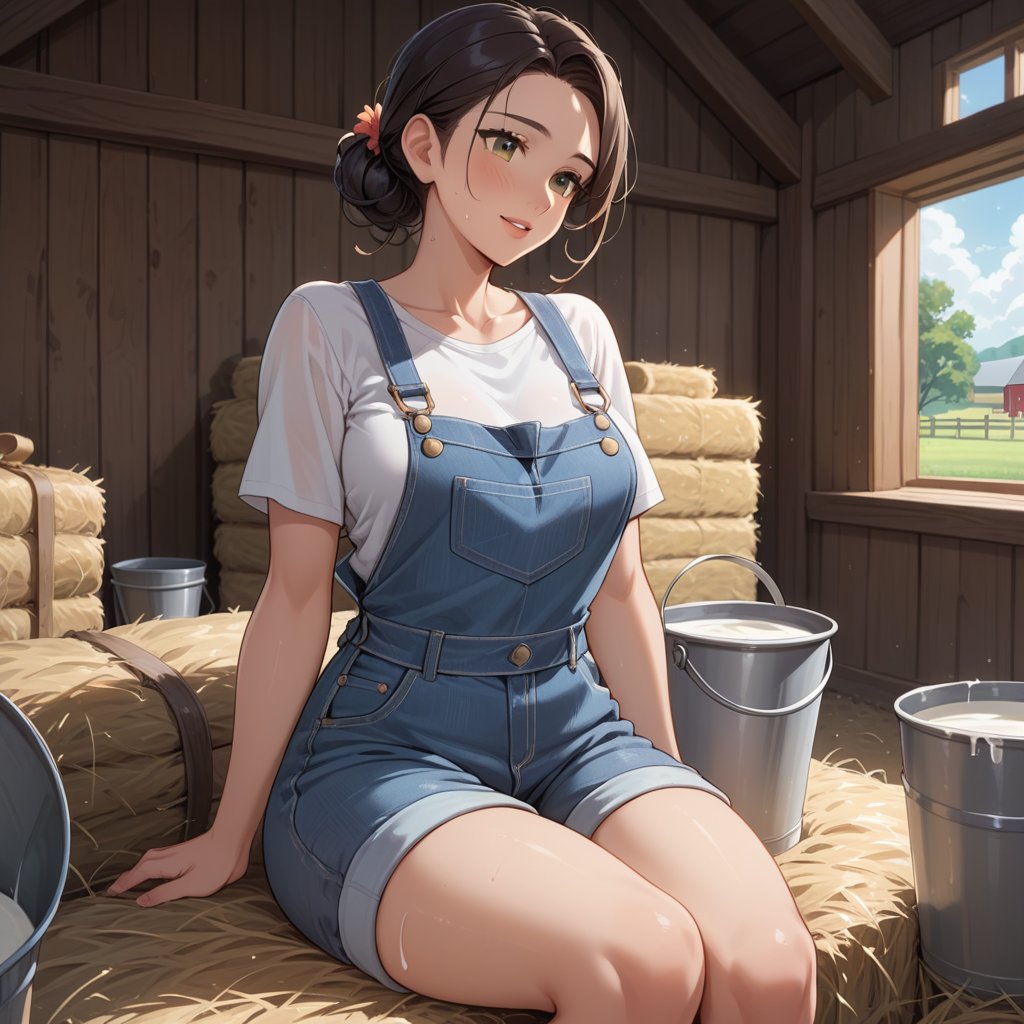 score_9, score_8_up, score_7_up, cowshed, woman sitting on the hay,  cartoon, ((anime)),  overalls, barn, bucket, milk in bucket, shirt, 