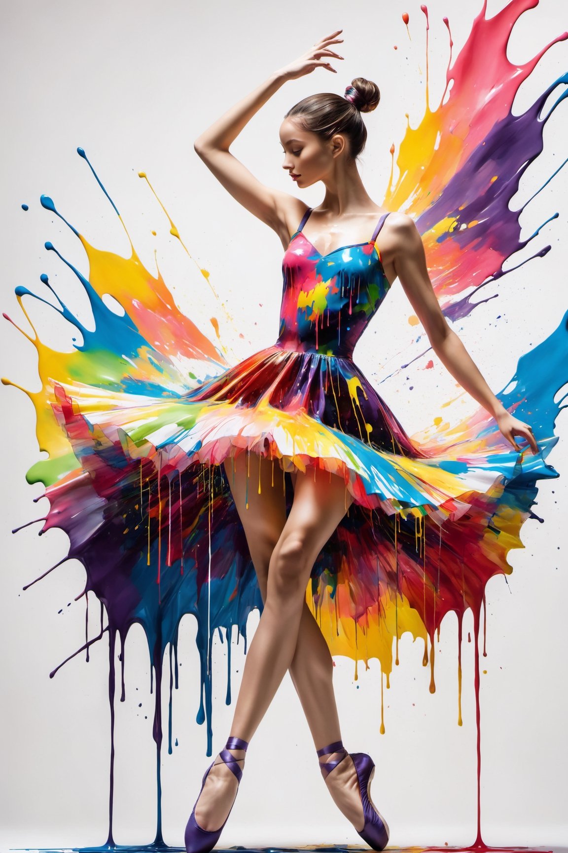 one Ballerina, slender, long legs, thin legs - Made in canvas , looking at viewer, Colourful , ultra realistic, unreal engine ,dripping paint, tutu made entirely of coloured paint and splattered with paint, abstact, looking at viewer, plain white background, high heel shoes with ankle straps, dancing, ballet pose, dance pose
liquid dress,liquid dress,oil paint