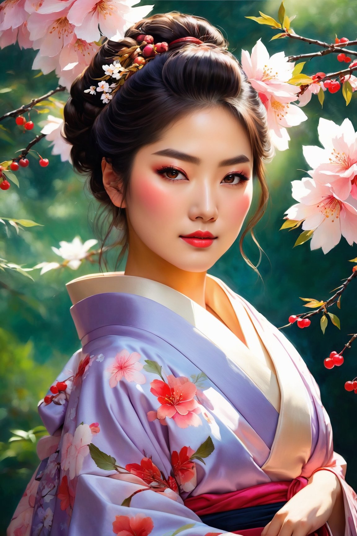(young adult, beautiful, seductive, alluring), (Akita bijin), (best quality, highres, ultra-detailed), (oil painting, fine art), (vibrant colors, warm tones), (soft lighting, dramatic shadows), (deep gaze, captivating eyes), (rosy lips, luscious mouth), (porcelain skin, flawless complexion), ( A slightly slender face with  cherry-blossom-colored cheeks). (Almond-shaped eyes and a  shapely nose). (elegant kimono, revealing neckline), (attractive pose, confident stance), (lush garden background, blooming flowers), (subtle breeze, swaying leaves), (romantic atmosphere, dreamy ambiance), (sensual expression, subtle smile)