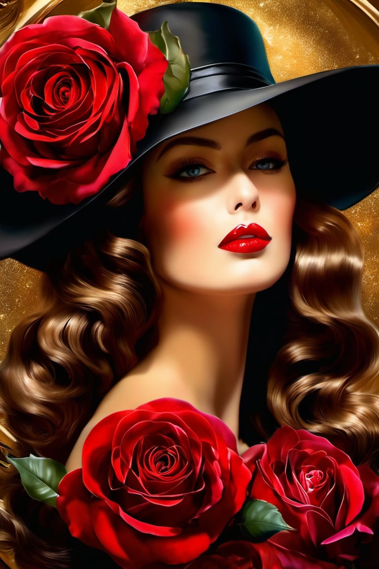 At the bottom of the image the name "Janett" appears in elegant and artistic gold lettering.
A woman's profile, with her face partially obscured by a large, elegant black hat adorned with a vibrant red rose. The hat's wide brim casts a shadow over her mesmerizing eyes, emphasizing her striking red lips. Her skin appears flawless, and her red, wavy hair flows gracefully down her shoulder. The background is a deep black, which accentuates the contrasting colors of the hat and the rose, making them the focal points of the artwork., portrait photography, vibrant, dark fantasy, fashion, poster, cinematic, 3d render, photo,oil paint