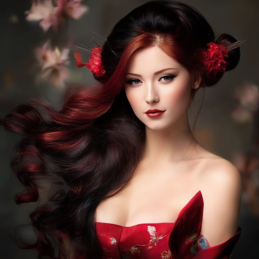 Generate hyper realistic image of a mesmerizing (Japanese) geisha, 25 years old, her luscious (((red hair))) with (((side bangs))) framing her enchanting face as she gazes directly at the viewer with a coy, yet sensual (smile). ((Intricate hair ornaments)). Exquisite ear jewelery. With a tilt of her head, she accentuates her alluring features, drawing attention to her lips, painted a tantalizing shade of crimson. Perfect dark eyes (smoky eyes) with double eyelids. Red eyeshadow and a blush on the cheeks of her white powdered face. She embodies sensuality, sophistication and eroticism in equal measure, leaving an indelible impression on all who behold her. Perfect round medium close-set breasts. (((Backlight))). Bokeh. Her long (((flowing red hair))) is combed forward to accentuate her bare back
p3rfect boobs,oil paint,cleavage,