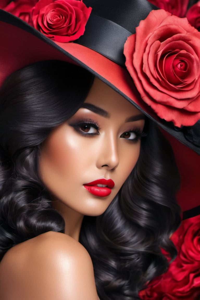 
A stunningly beautiful Japanese woman, with her face partially obscured by a large, elegant black hat adorned with a vibrant red rose. The hat's wide brim casts a shadow over her mesmerizing eyes, emphasizing her striking red lips. Light blush on cheeks, dark eye mascara, long eyelashes, Her skin appears flawless, and her ((fiery red, wavy hair)) flows gracefully down her shoulder. The background is a deep black, which accentuates the contrasting colors of the hat and the rose, making them the focal points of the artwork, subdued light, high class fashion photography, portrait photography, vibrant, dark fantasy, fashion, poster, cinematic, 3d render, photo,oil paint