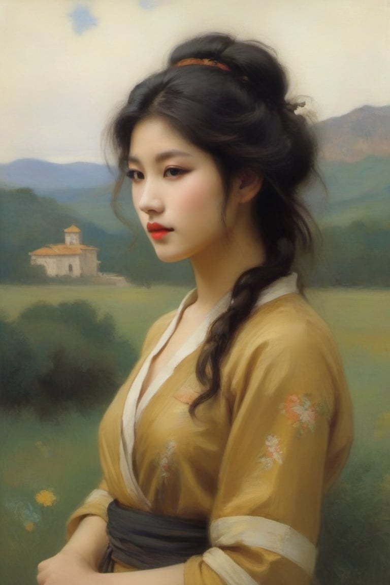 Han-Wu Shen ~ Yoshitaka Amano ~ Chakrapan Posayakrit ~ Kim Jung Gi ~ Kei Exactly ~ Ekushima Hiroshi ~ FLOP ~ William-Adolphe Bouguereau ~ Alphonse Mucha ~ Luis Royo ~ Jock Sturges ~ Range Murata ~ Helmut Newton ~ David Hamilton ~ beautiful young woman, European-Chinese teenage girl, full height, dressed in fashionable teenage clothes, a photo studio in nature.,oil painting