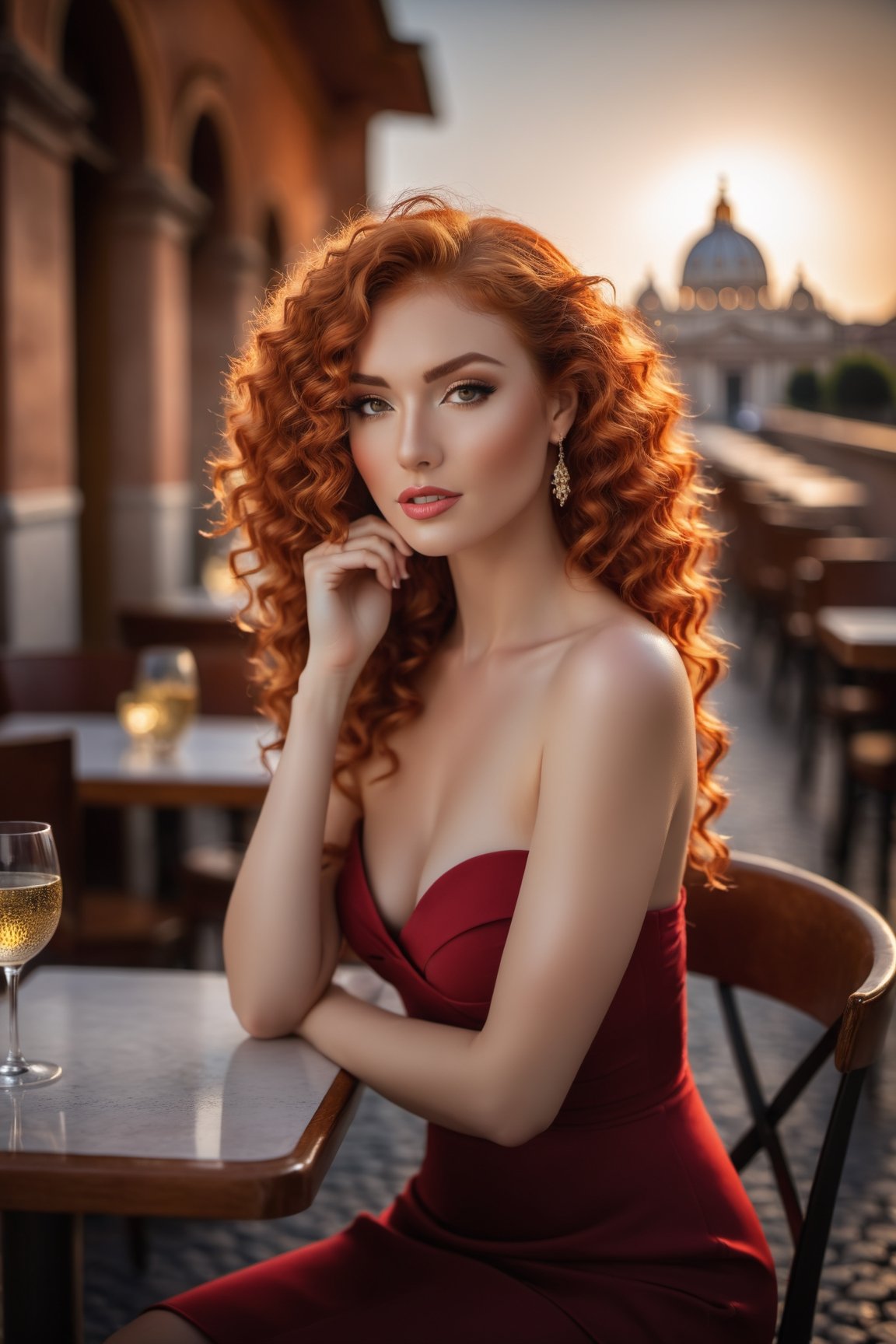 ((masterpiece)), ((best quality)), bokeh, (((soft focus))), 1girl, ginger hair, red hair, (Long Curly:1.8), Tan eyes, (Frowning:1.5), strapless red dress, ((Leaning Forward:1.9)), upper body, Baby face
sitting at a bistro table in a square in Rome. Sunset. Golden hour.