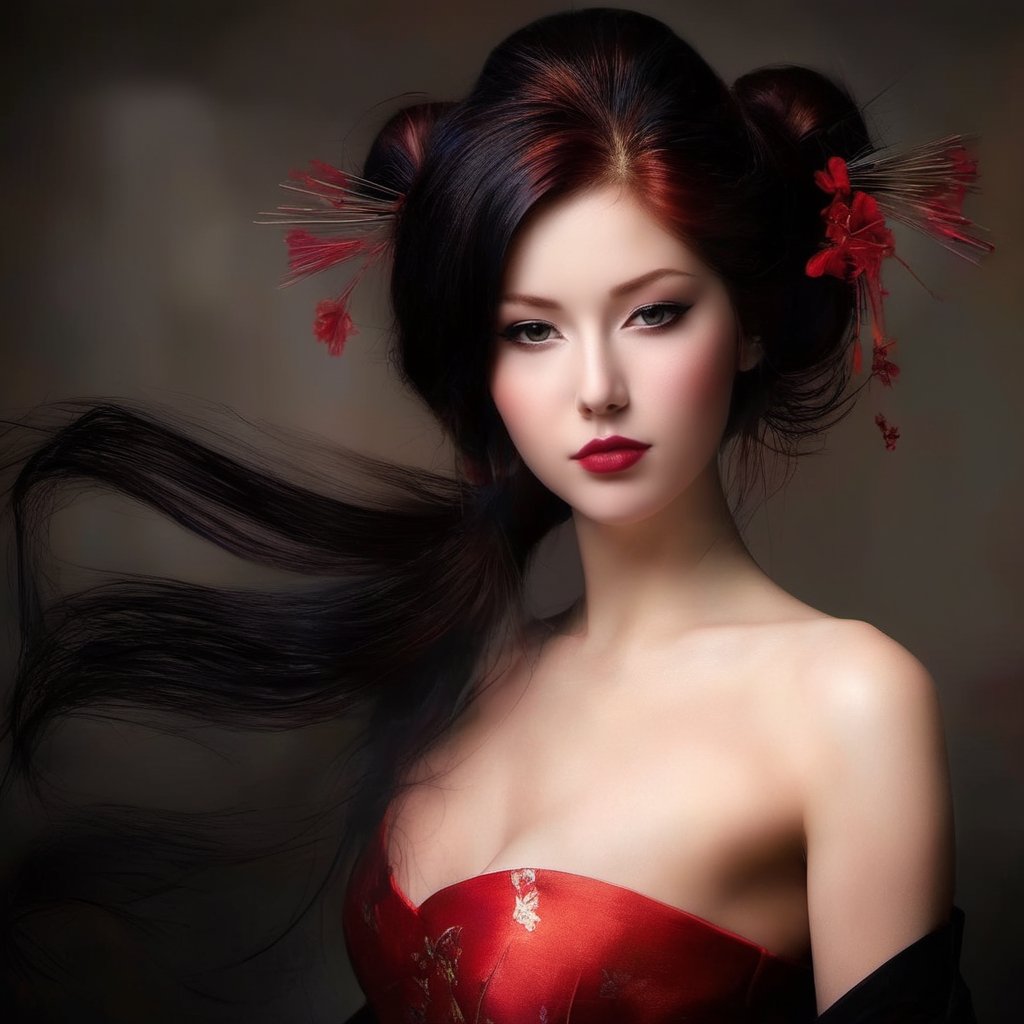 Generate hyper realistic image of a mesmerizing (Japanese) geisha, 25 years old, her luscious (((red hair))) with (((side bangs))) framing her enchanting face as she gazes directly at the viewer with a coy, yet sensual (smile). ((Intricate hair ornaments)). Exquisite ear jewelery. With a tilt of her head, she accentuates her alluring features, drawing attention to her lips, painted a tantalizing shade of crimson. Perfect dark eyes (smoky eyes) with double eyelids. Red eyeshadow and a blush on the cheeks of her white powdered face. She embodies sensuality, sophistication and eroticism in equal measure, leaving an indelible impression on all who behold her. Perfect round medium close-set breasts. (((Backlight))). Bokeh. Her long (((flowing red hair))) is combed forward to accentuate her bare back
p3rfect boobs,oil paint,cleavage,