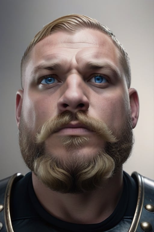 Portrait of a large muscular German man,  overweight,  age 30 very round face,  short wavy blonde hair,  blue eyes,  blonde beard and short blonde mustache,  stoic look on his face. Wearing a black leather armor,  dark grey background.