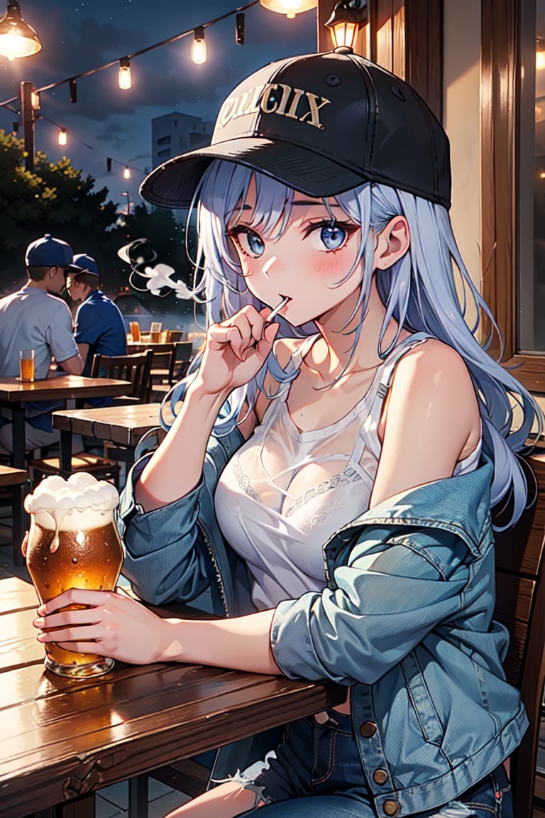 score_9, score_8_up, score_7_up, score_6_up, score_5_up,1girl, (alluring pose, seduce posture), off-shoulder denim jacket, (mid night:1.2), outdoor dinner, (dinning table), baseball cap, white sleeveless shirt, smoke, cigarette, beer, fishnet , see-through white shirt, ((eye_half_opened)), drunk face, bra, underwear