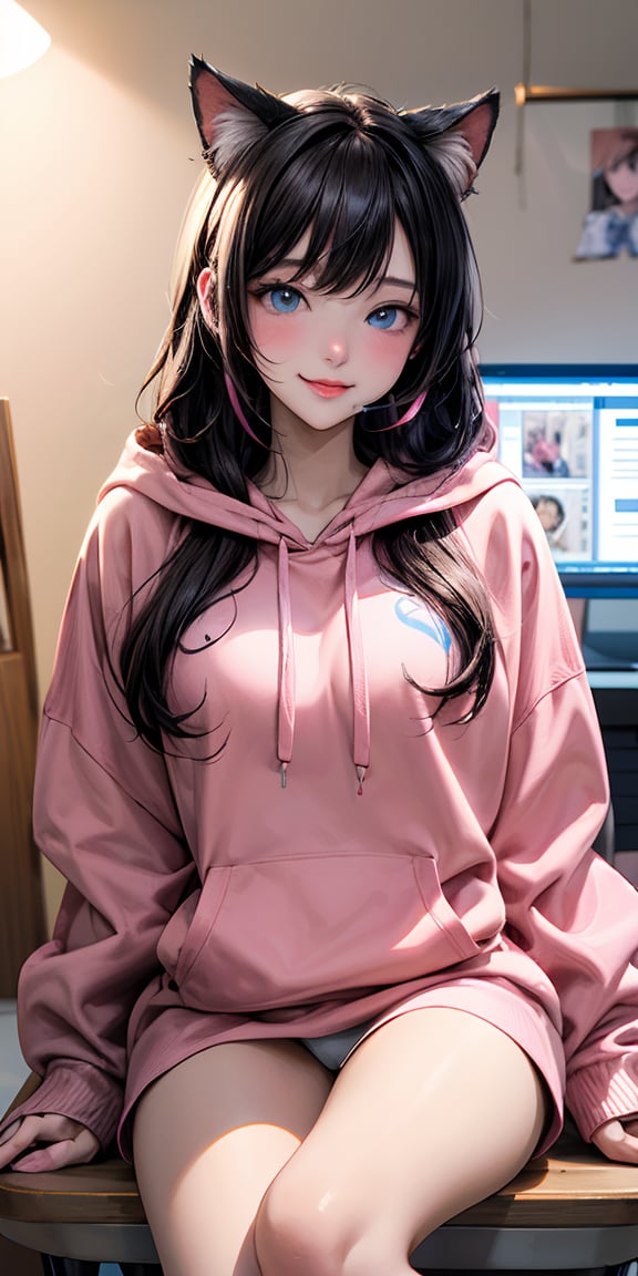 /imagine a beautiful anime girl live streaming from her room, with long black hair, big blue eyes, wearing an oversized pink hoodie and a cute headset with cat ears, sitting in front of a modern computer setup with colorful LED lights, surrounded by plushies and posters on the wall, engaging with her audience, bright and cheerful atmosphere, ((oversized pink hoodie with long hem, no pants)), 　