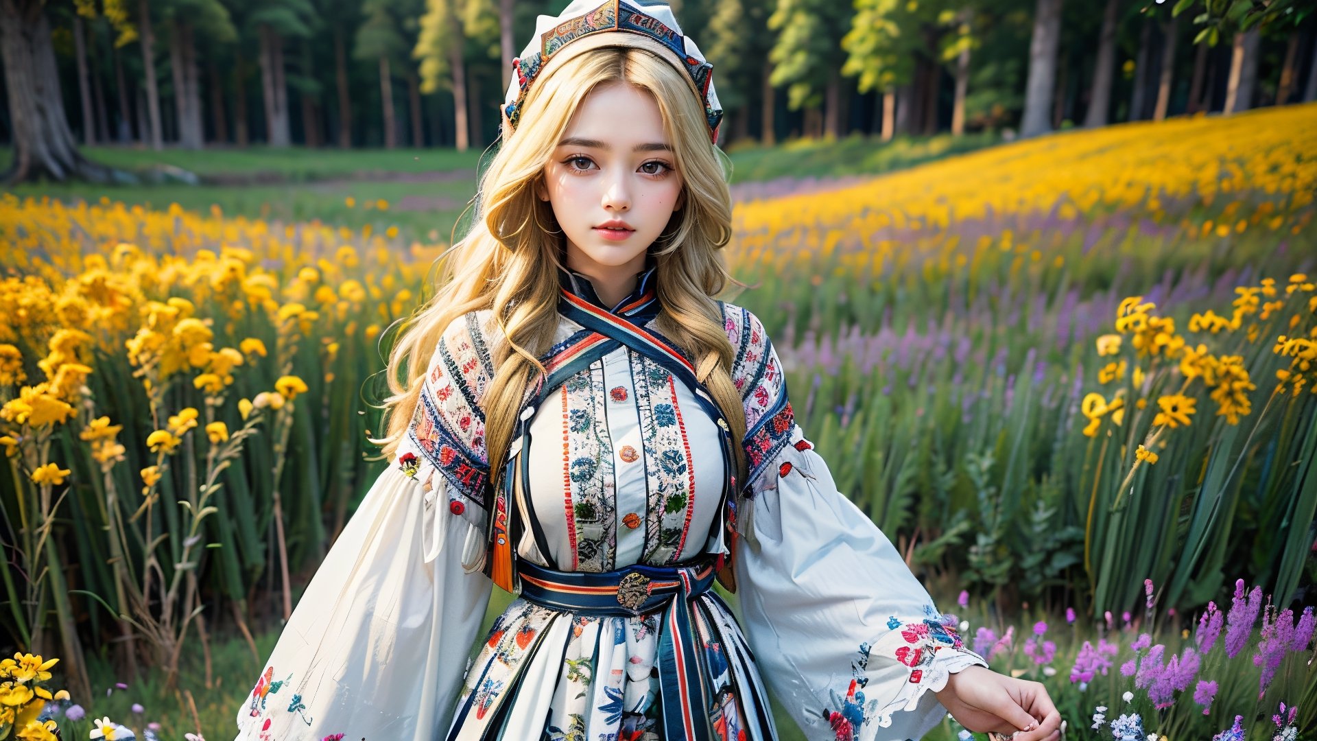 1girl, solo, long hair, blonde hair, outdoor, grass, flowers, scenery, folk dress, white shirt, smile, long sleeves, standing, blue eyes,  (extremely detailed, incredible details, full colored), complex details, hyper maximalist, gorgeous light and shadow, detailed decoration, detailed lines. masterpiece, best quality, HDR, UHD, high color contrast,slavic dress