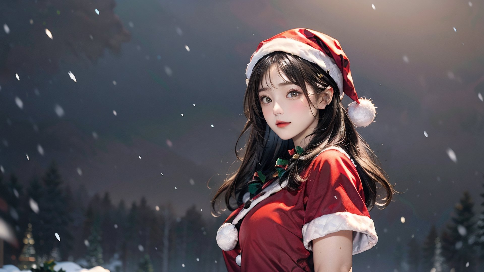 solo,((mature female)),(long hair),(Random hairstyle:1.5),huge breasts,cowboy shot, (undersized Santa Claus suit:1.3), Christmas, snow,