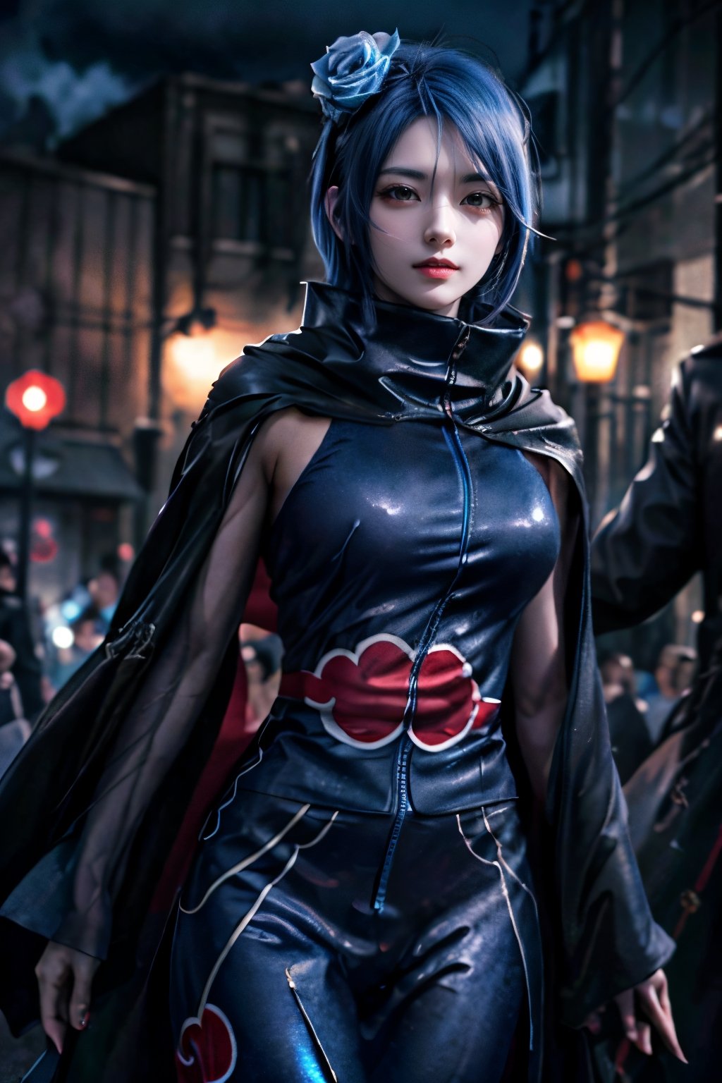 (Best quality:1.4), (detailed:1.3), (RAW photo:1.2), highres, intricate, 8K wallpaper, cinematic lighting, photorealistic, beautiful clean smile, one woman, female_solo, blue hair, short hair, blue hair flower, akatsuki outfit, dynamic pose, dark city, facing viewer