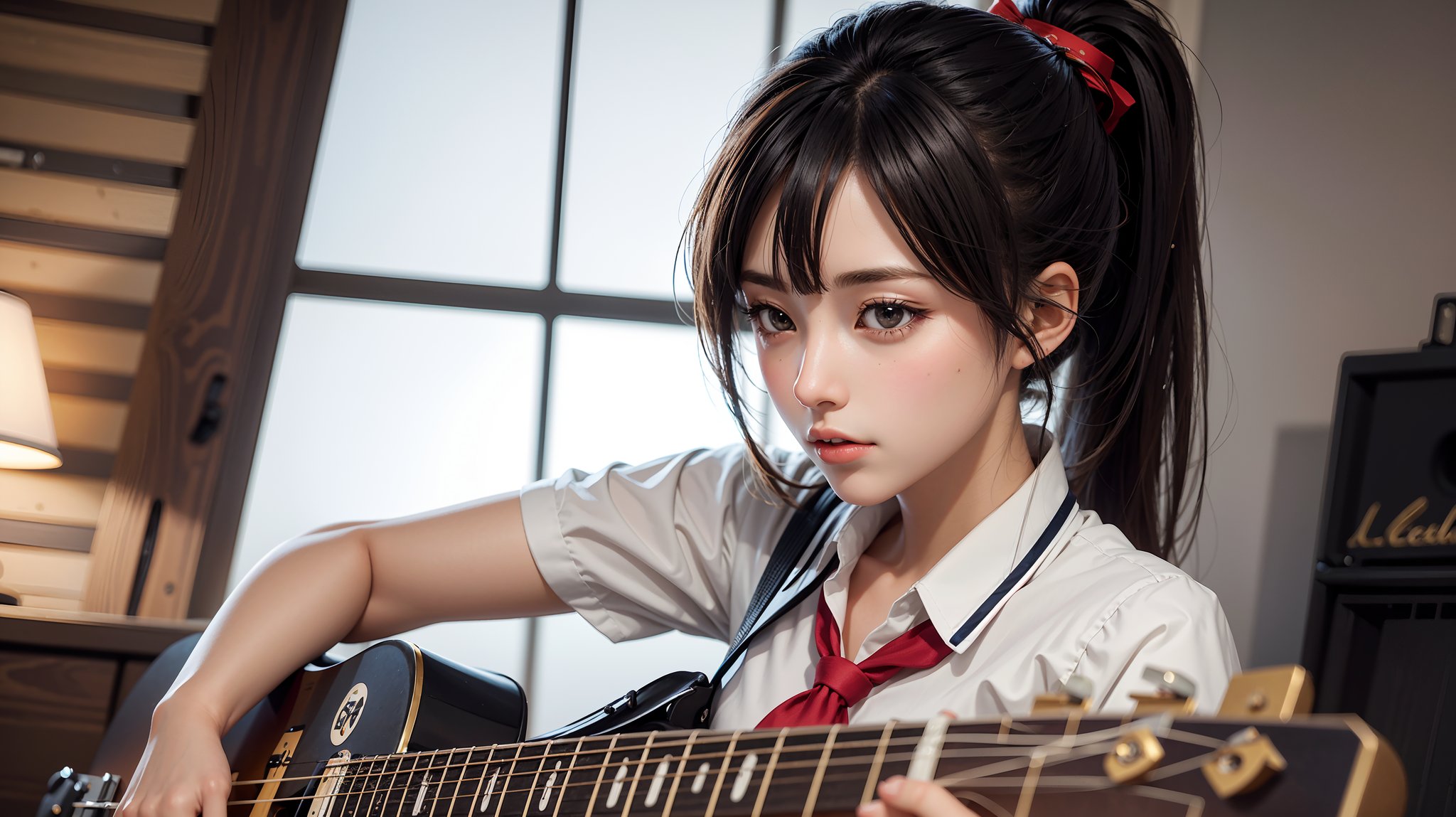 anime style beautiful woman, (1girl), (ponytail), black hair, (long hair), 
(((guitar, instrument, electric guitar, bass guitar, amplifier, gibson les paul, drum, acoustic guitar, speaker))), 
Slender, skinny, (turime), thick eyebrows, 
(school uniform), (sailor uniform), ((red sailor tie)), (white sailor blouse), 
vibrant colors, sharp focus, best quality, depth of field, cinematic lighting, (illustration, 8k CG, extremely detailed), ultra-detailed, high resolution, firefliesfireflies, perfect light, 
stylish pose, 8k, very clear, highest quality, high resolution. best quality, illustration, sax blue, 1girl, cute, (dynamic lighting:1.2), cinematic lighting, delicate facial features, detailed eyes, sharp pupils, realistic pupils, depth of field, bokeh, sharp focus, (hyper-detailed, bloom, glow:1.4), many small gems