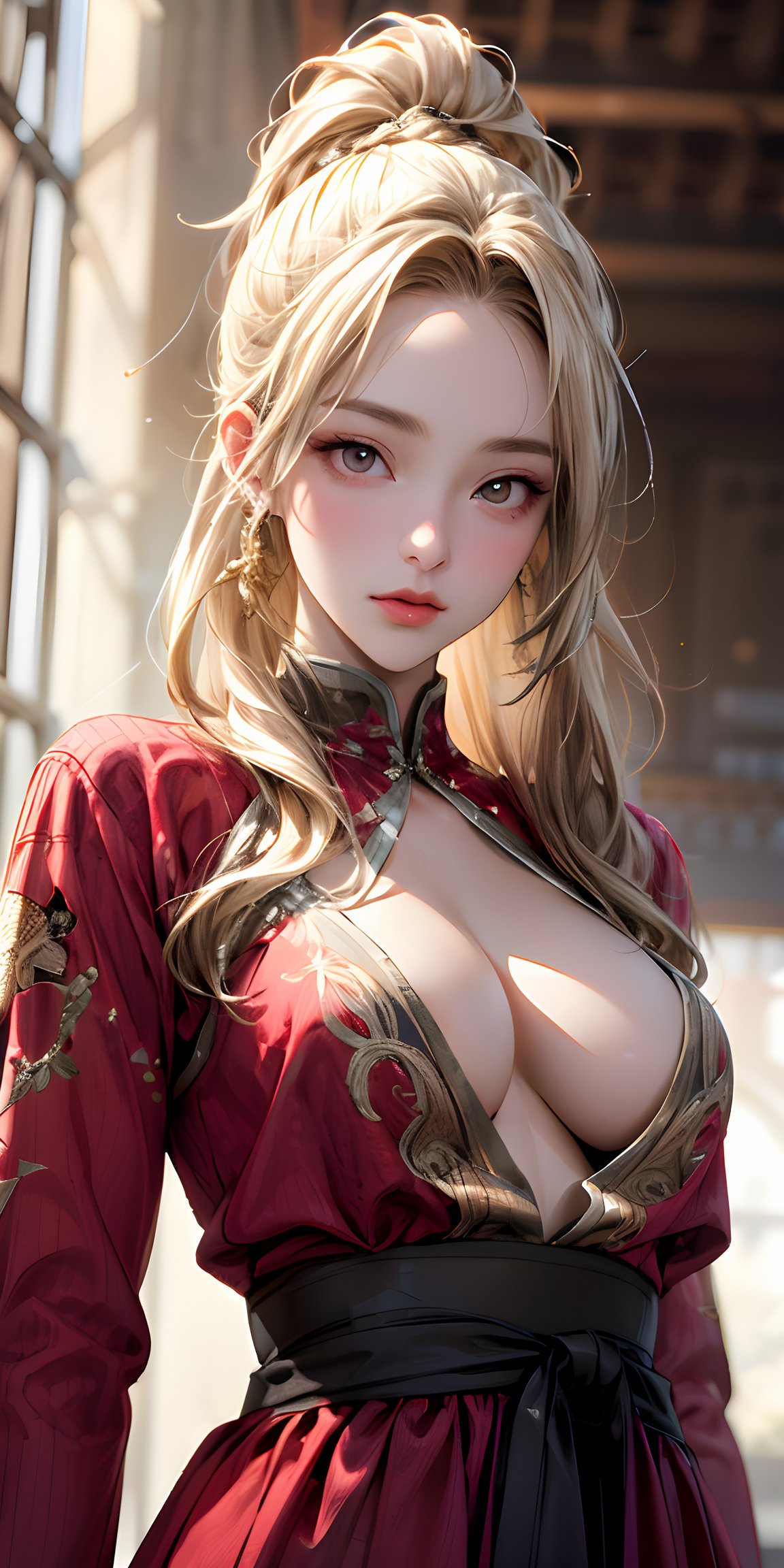 depth of field, The lines are thin and smooth. 4K resolution, Highly detailed, realistic, red cloth, exquisite face, blonde hair, red eyes, long hair, braid, beautiful girl, Gold Embroidery, black embroidered gold, high ponytail, depth of field, high resolution, 1 woman, beautiful eyes, (upper body:1.4), from below:1.3, Perfect figure, slender waist:1.2