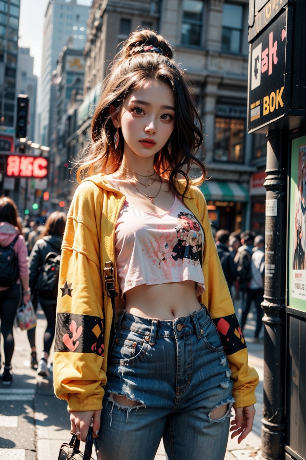 1girl, most beautiful korean girl, Korean beauty model, stunningly beautiful girl, gorgeous girl, 20yo, over sized eyes, big eyes, looking at viewer, dark gothic cyberpunk woman, defiant face, pastel colors, in clothes, colorful hair, light yellow sweatshirt, pants, black, with pink, guns hd, high detail, huoshen, TheLastOfUs, mgln,masterpiece