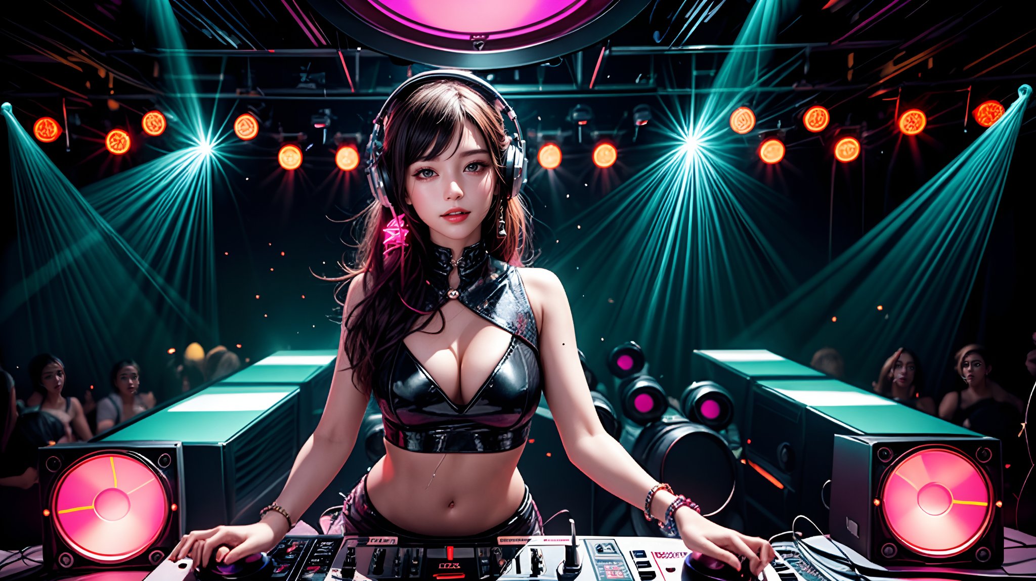 A dynamic nightclub scene: A female DJ stands confidently next to the dance floor, surrounded by flashing lights and a sea of partygoers dancing in unison. She's focused on adjusting the mix, her large headphones perched on one ear as she vibes with the music. Neon lights swirl around her, casting a colorful glow on her fashionable outfit. The LED screen behind her pulses with dynamic visuals, adding to the lively atmosphere. Vinyl records, mixers, and equipment line the DJ booth, where she effortlessly spins tracks with flexible fingers, her hair moving gently to the rhythm as a confident smile spreads across her face.