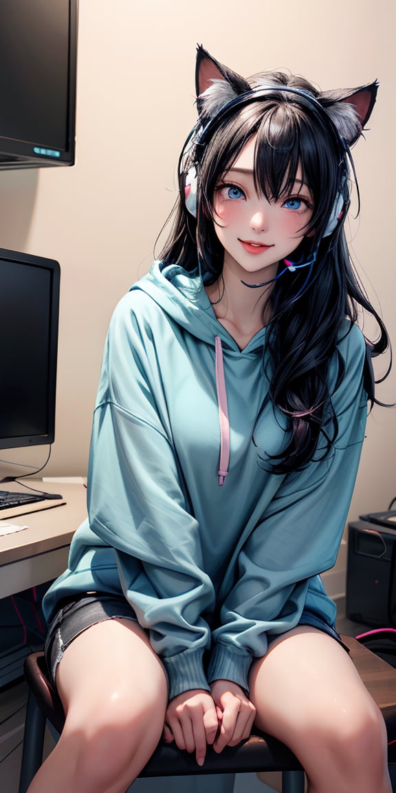 /imagine a beautiful anime girl live streaming from her room, with long black hair, big blue eyes, wearing a pink hoodie and a cute headset with cat ears, sitting in front of a modern computer setup with colorful LED lights, surrounded by plushies and posters on the wall, engaging with her audience, bright and cheerful atmosphere　Hide your skin
