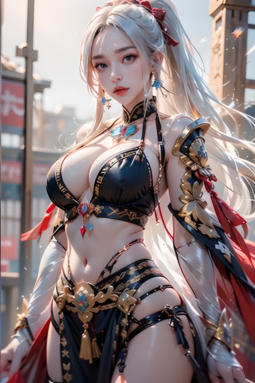 best quality, masterpiece, beautiful and aesthetic, 16K, (HDR:1.4), high contrast, Photorealistic, masutepiece, Photorealistic, High resolution, Soft light, hips up high, Blue eyes, White hair, high ponytail, Intricate details EABA, cloaks, spear, Samurai, armor, Japanese Katana Sword, Warrior, Samurai Helmet、beautiful anime woman, anime goddess, keqing from genshin impact, a beautiful fantasy empress、A bell hangs on his chest、Japanese style costume,More Detail,girl,1girl, swordup, dynamic photography, from below:1.3,1 girl,Mizuki_Lin