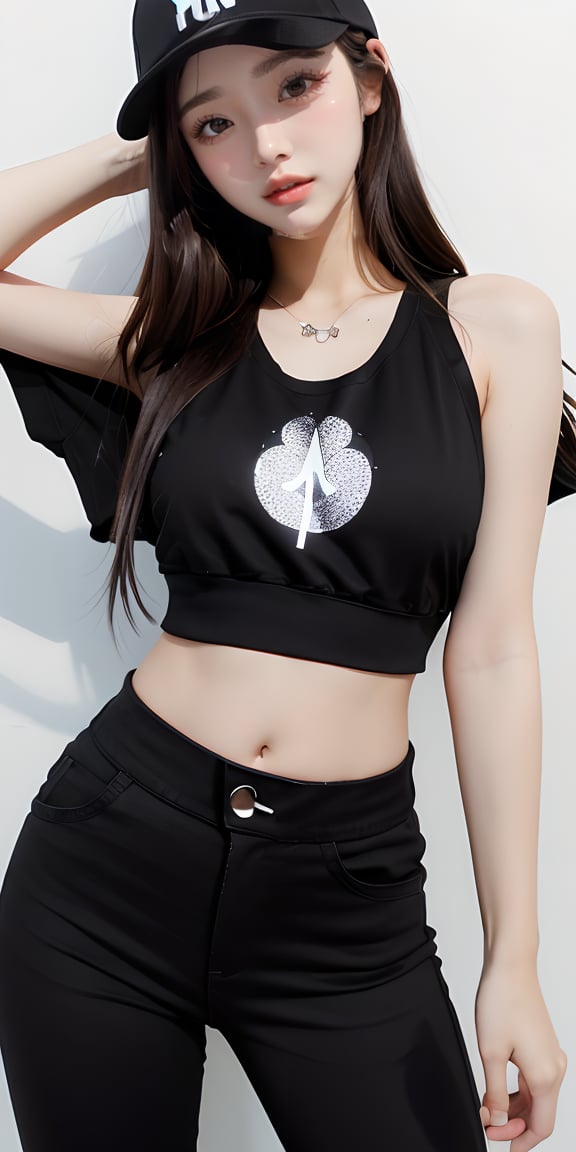 1girl, solo, long hair, brown hair, ((Upper body)), (casual black cap with Newyork yankee logo), aethestic girl, ((mastepiece: 1.5))), sexy, open clothes, midriff, pants, ((low waist black pants)), tight crop top, ((white top: 1.2)), denim, sneakers, beautiful waist, exposed navel, exposed belly, huge breasts, piel suave.Eyes,Detail, low angle shot, 