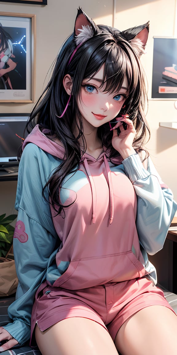 /imagine a beautiful anime girl live streaming from her room, with long black hair, big blue eyes, wearing an oversized pink hoodie and a cute headset with cat ears, sitting in front of a modern computer setup with colorful LED lights, surrounded by plushies and posters on the wall, engaging with her audience, bright and cheerful atmosphere, ((oversized pink hoodie with long hem, unpants)), 　