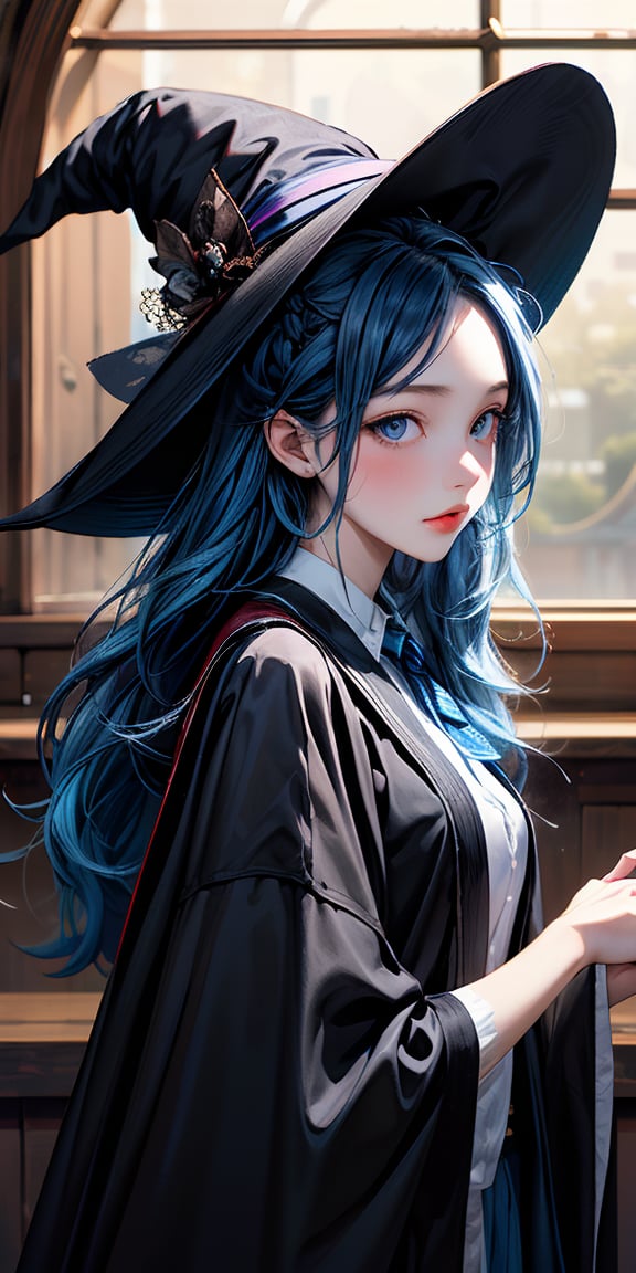 Masterpiece, Magic Girl, Wizard, witch, 1 Girl, main character, Girl, Junior high school students, Blue Hair, Long Hair, witch's black((Pointed hat)), blue eyes, Magic School Student, witch robe, Blue ribbon, cute,Mizuki_Lin