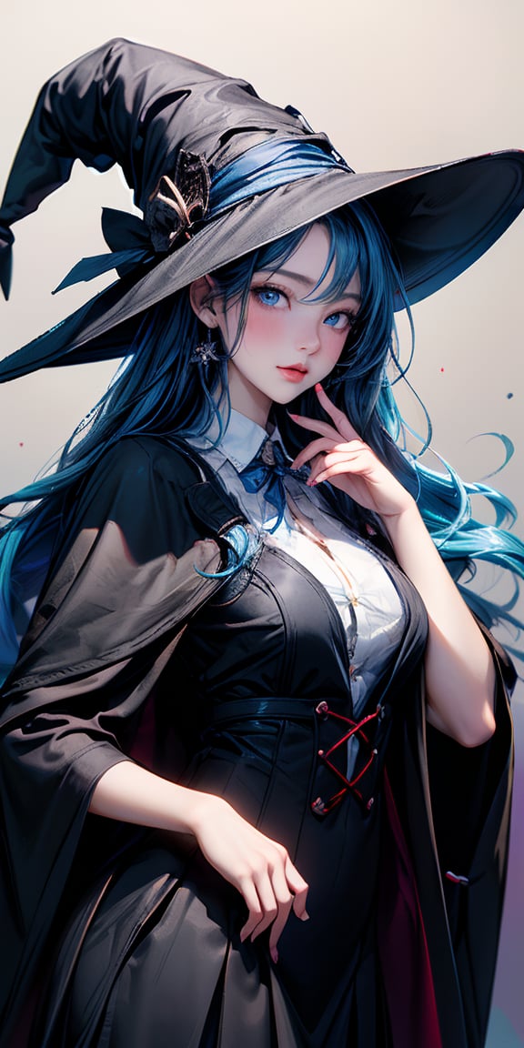 Masterpiece, Magic Girl, Wizard, witch, 1 Girl, main character, Girl, Junior high school students, Blue Hair, Long Hair, witch's black((Pointed hat)), blue eyes, Magic School Student, witch robe, Blue ribbon, cute,Mizuki_Lin