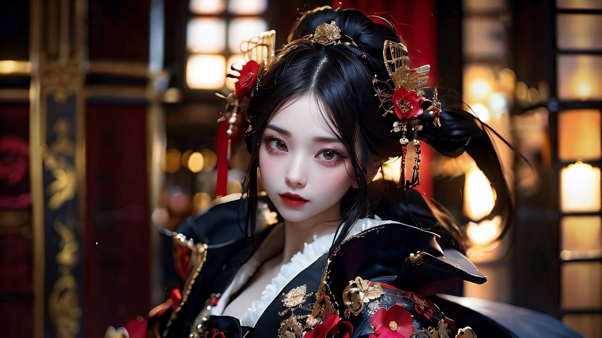 (RAW photo, best quality), (realistic, photo-Realistic:1.3),
stunning courtesan (oiran) in traditional Japanese attire, Gothic style,traditional flower,dark and intricate elements of Gothic aesthetics,Incorporate elements,Victorian-inspired attire, lace details, and dark, ornate accessories,Gothic motifs,The resulting image should encapsulate a unique fusion of beauty, grace, and the darker allure of Gothic aesthetics, creating a captivating representation of a Gothic flower courtesan.,3va