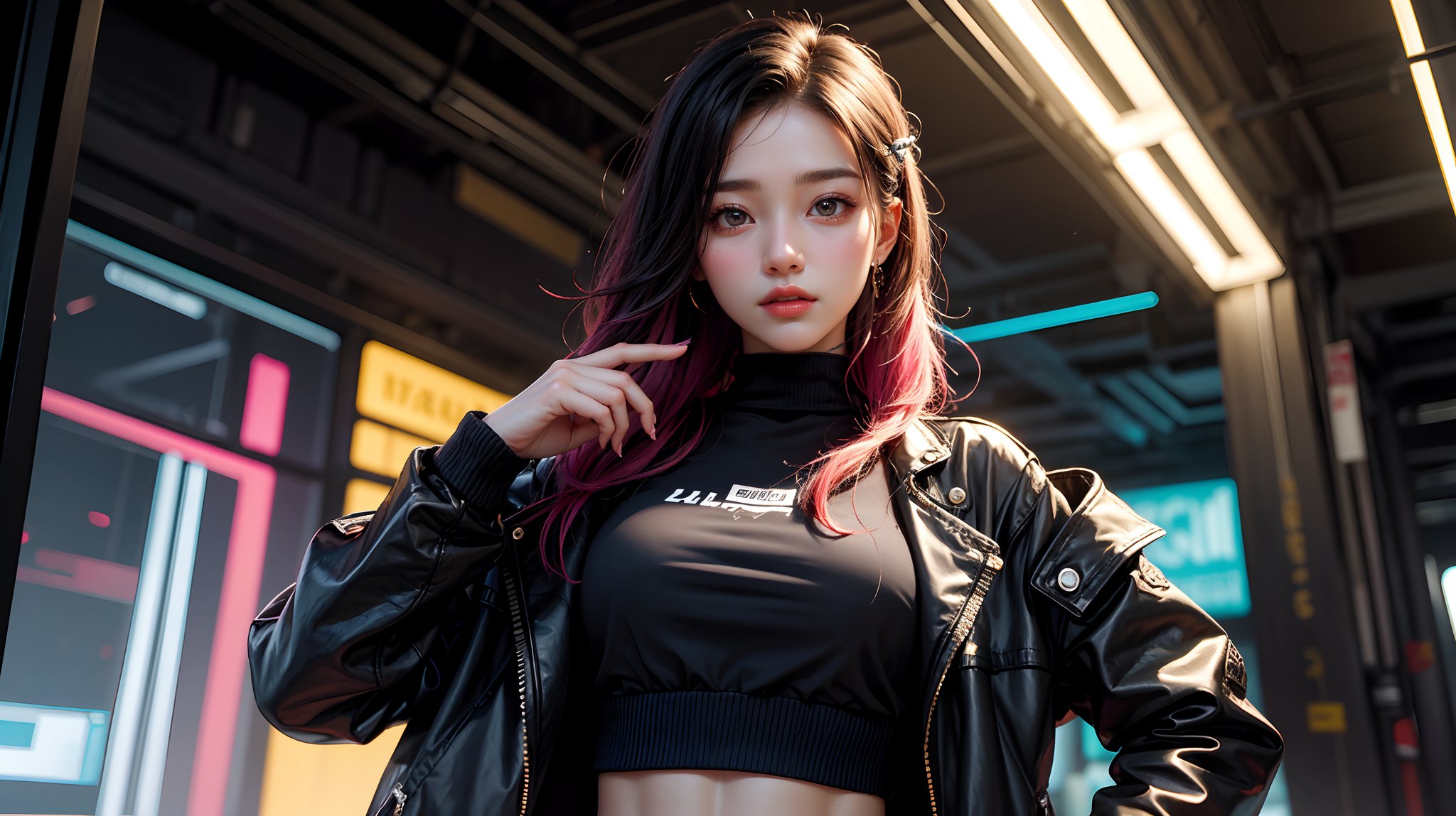 1girl, most beautiful korean girl, Korean beauty model, stunningly beautiful girl, gorgeous girl, 20yo, Avant-garde hairstyles, straight hair, looking at viewer, dark gothic cyberpunk woman, defiant face, pastel colors, in clothes, colorful hair, light yellow sweatshirt, pants, high detail, huoshen, TheLastOfUs, mgln,masterpiece, upper body photo, (from head to waist photo), from below:1.3, slim waist, 