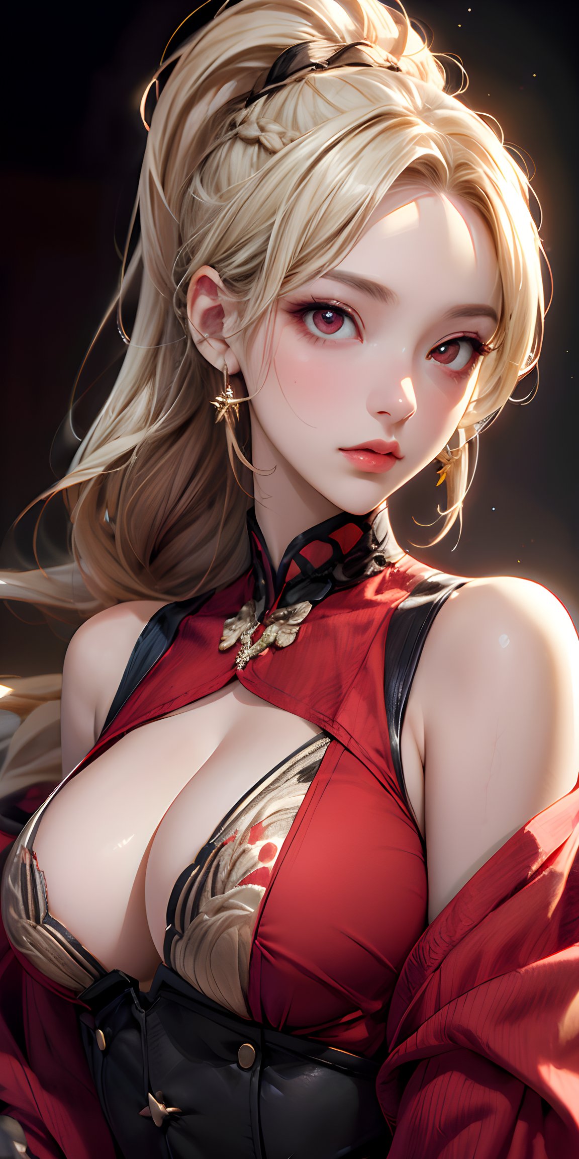 depth of field, The lines are thin and smooth. 4K resolution, Highly detailed, realistic, red cloth, exquisite face, blonde hair, red eyes, long hair, braid, beautiful girl, Gold Embroidery, black embroidered gold, high ponytail, depth of field, high resolution, 1 woman, beautiful eyes, (upper body:1.4), from below:1.3, Perfect figure, slender waist:1.2