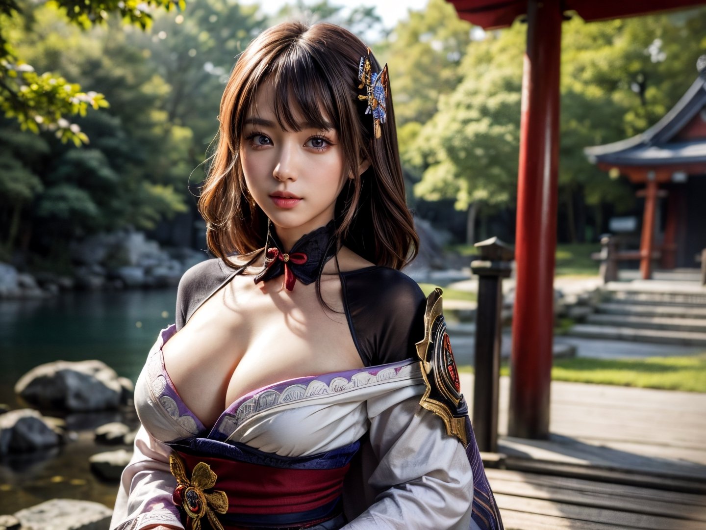 (masterpiece, top quality, best quality, official art, beautiful and aesthetic:1.2), (1girl), breasts, extreme detailed, highest detailed, scenery, raidenshogundef, Japanese shrine background, torii, daytime, sunlight,