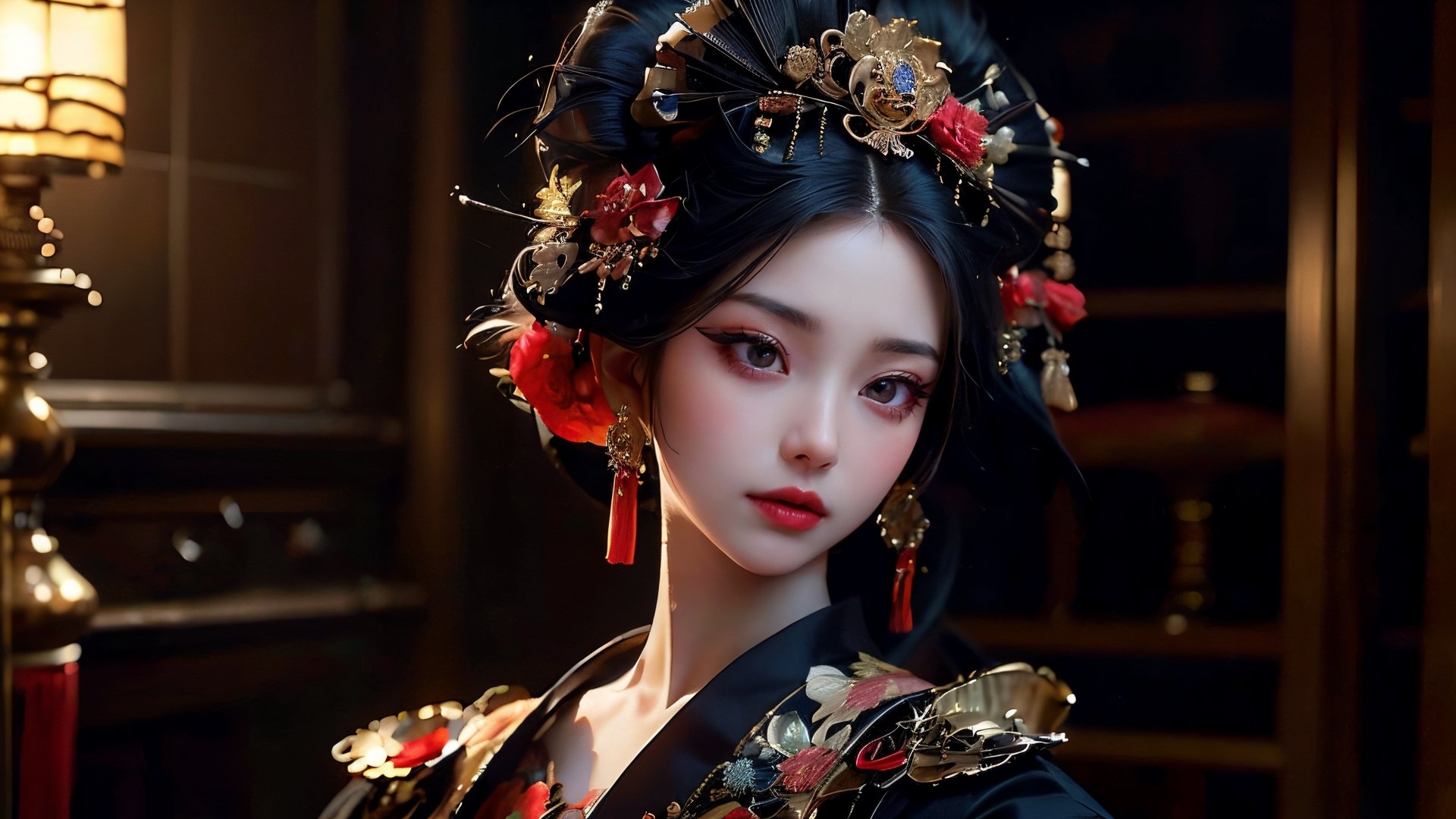 (RAW photo, best quality), (realistic, photo-Realistic:1.3),
stunning courtesan (oiran) in traditional Japanese attire, Gothic style,traditional flower,dark and intricate elements of Gothic aesthetics,Incorporate elements,Victorian-inspired attire, lace details, and dark, ornate accessories,Gothic motifs,The resulting image should encapsulate a unique fusion of beauty, grace, and the darker allure of Gothic aesthetics, creating a captivating representation of a Gothic flower courtesan.,3va