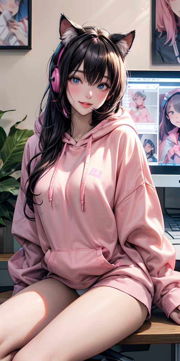 /imagine a beautiful anime girl live streaming from her room, with long black hair, big blue eyes, wearing an oversized pink hoodie and a cute headset with cat ears, sitting in front of a modern computer setup with colorful LED lights, surrounded by plushies and posters on the wall, engaging with her audience, bright and cheerful atmosphere, ((oversized pink hoodie with long hem, no pants)), 　