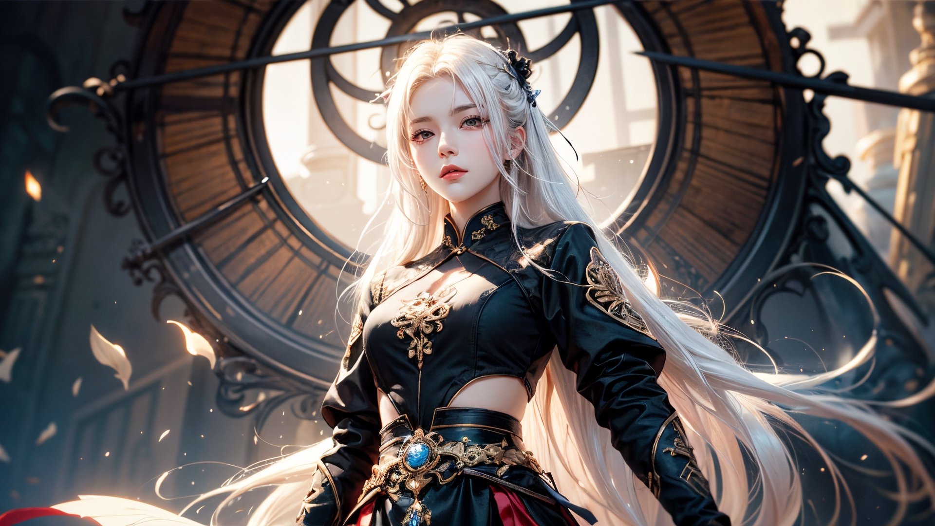 close-up of a woman with white hair, Belle peinture de personnage,Guviz,Guviz-style artwork,Yang J,Epic and beautiful character art,Stunning character art,FAN Qi,Wu Zhun Shifan,Guvitz at the Pixiv Art Station,China-style,Women's three-piece,1 girl,perfect light, (cowboy shot:1.3, from below:1.2)