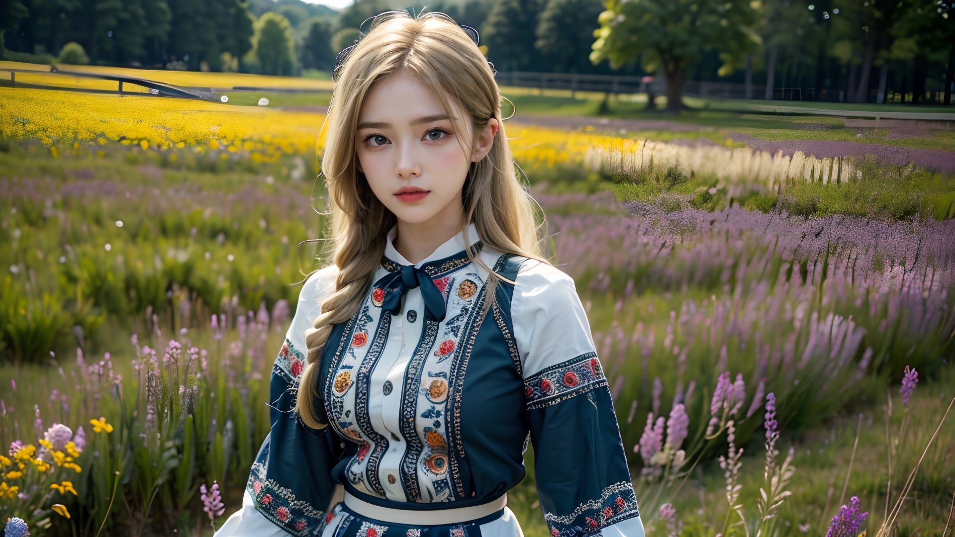 1girl, solo, long hair, blonde hair, outdoor, grass, flowers, scenery, folk dress, white shirt, smile, long sleeves, standing, blue eyes,  (extremely detailed, incredible details, full colored), complex details, hyper maximalist, gorgeous light and shadow, detailed decoration, detailed lines. masterpiece, best quality, HDR, UHD, high color contrast,slavic dress