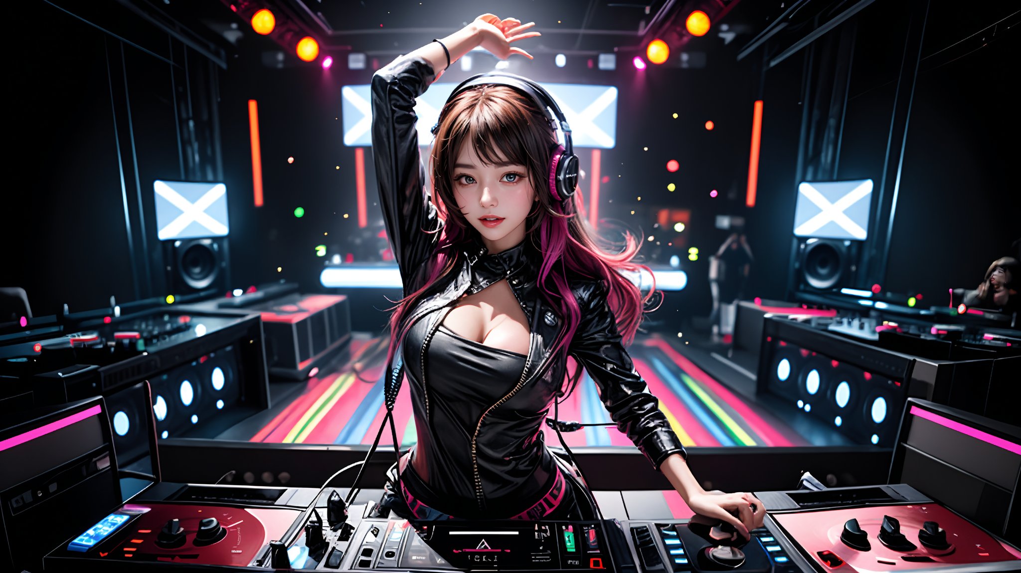 A dynamic nightclub scene: A female DJ stands confidently next to the dance floor, surrounded by flashing lights and a sea of partygoers dancing in unison. She's focused on adjusting the mix, her large headphones perched on one ear as she vibes with the music. Neon lights swirl around her, casting a colorful glow on her fashionable outfit. The LED screen behind her pulses with dynamic visuals, adding to the lively atmosphere. Vinyl records, mixers, and equipment line the DJ booth, where she effortlessly spins tracks with flexible fingers, her hair moving gently to the rhythm as a confident smile spreads across her face.