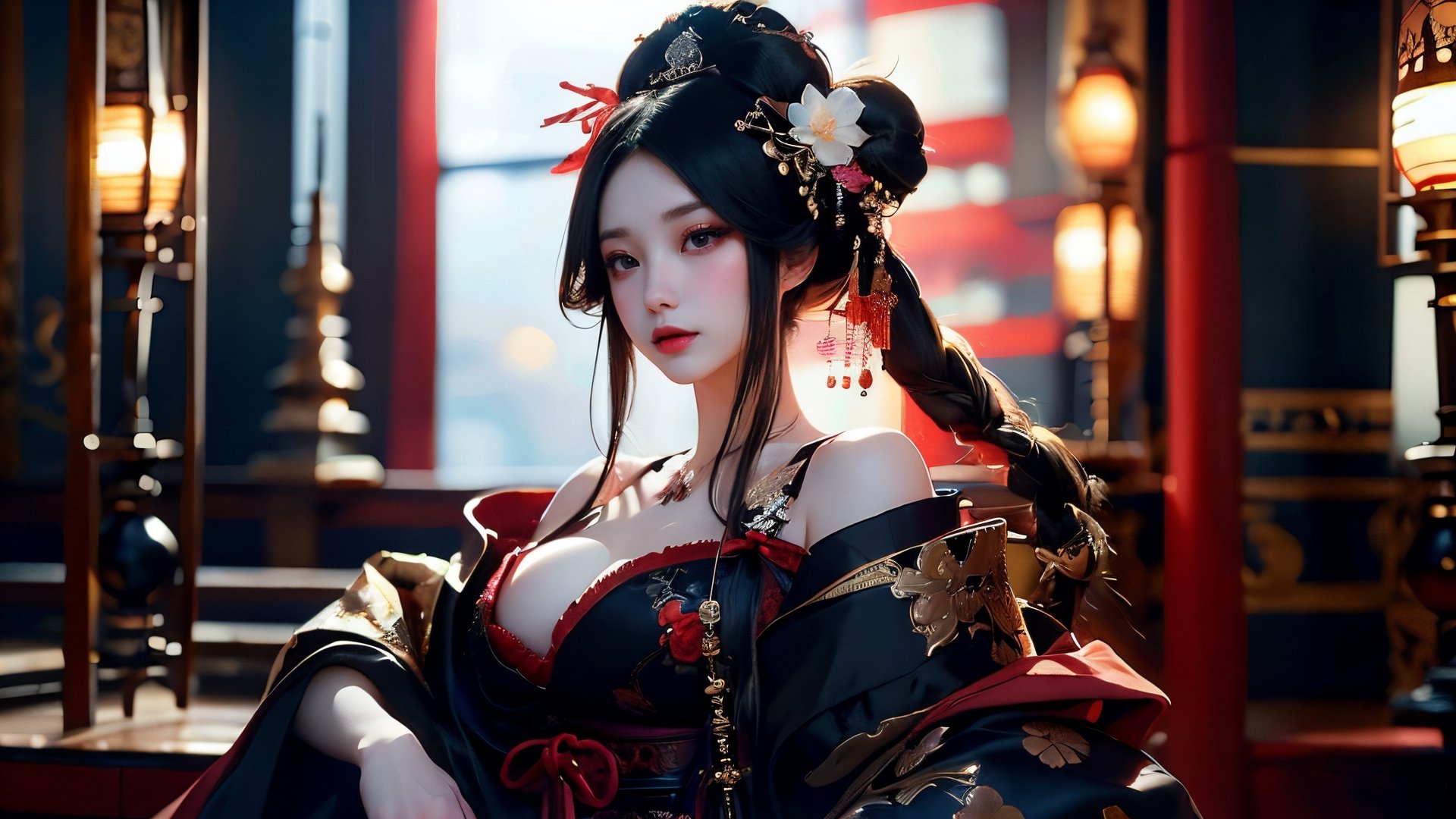 (RAW photo, best quality), (realistic, photo-Realistic:1.3),
stunning courtesan (oiran) in traditional Japanese attire, Gothic style,traditional flower,dark and intricate elements of Gothic aesthetics,Incorporate elements,Victorian-inspired attire, lace details, and dark, ornate accessories,Gothic motifs,The resulting image should encapsulate a unique fusion of beauty, grace, and the darker allure of Gothic aesthetics, creating a captivating representation of a Gothic flower courtesan.,3va