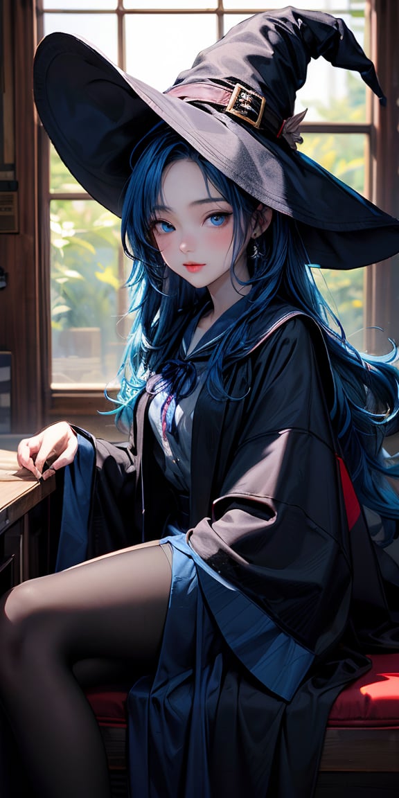 Masterpiece, Magic Girl, Wizard, witch, 1 Girl, main character, Girl, Junior high school students, Blue Hair, Long Hair, witch's black((Pointed hat)), blue eyes, Magic School Student, witch robe, Blue ribbon, cute,Mizuki_Lin