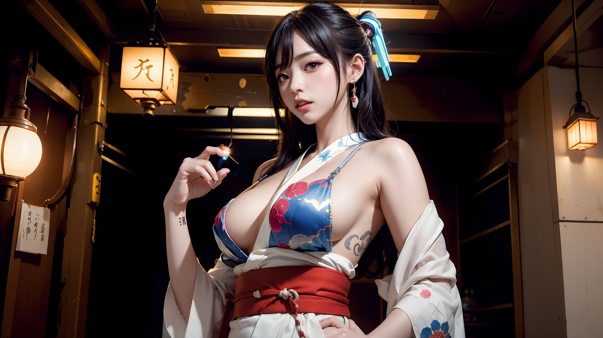 (masterpiece), (solo, looking at viewers ), 1 Japanese beauty, white long hair, attractive , in the dark night, (sexy colorful kimono+body implants) ,(highly detailed background of ancient Japanese achitechture with neon lights) ,Cyberpunk,a traditional Japanese art,Mizuki_Lin, upper body, from below, 