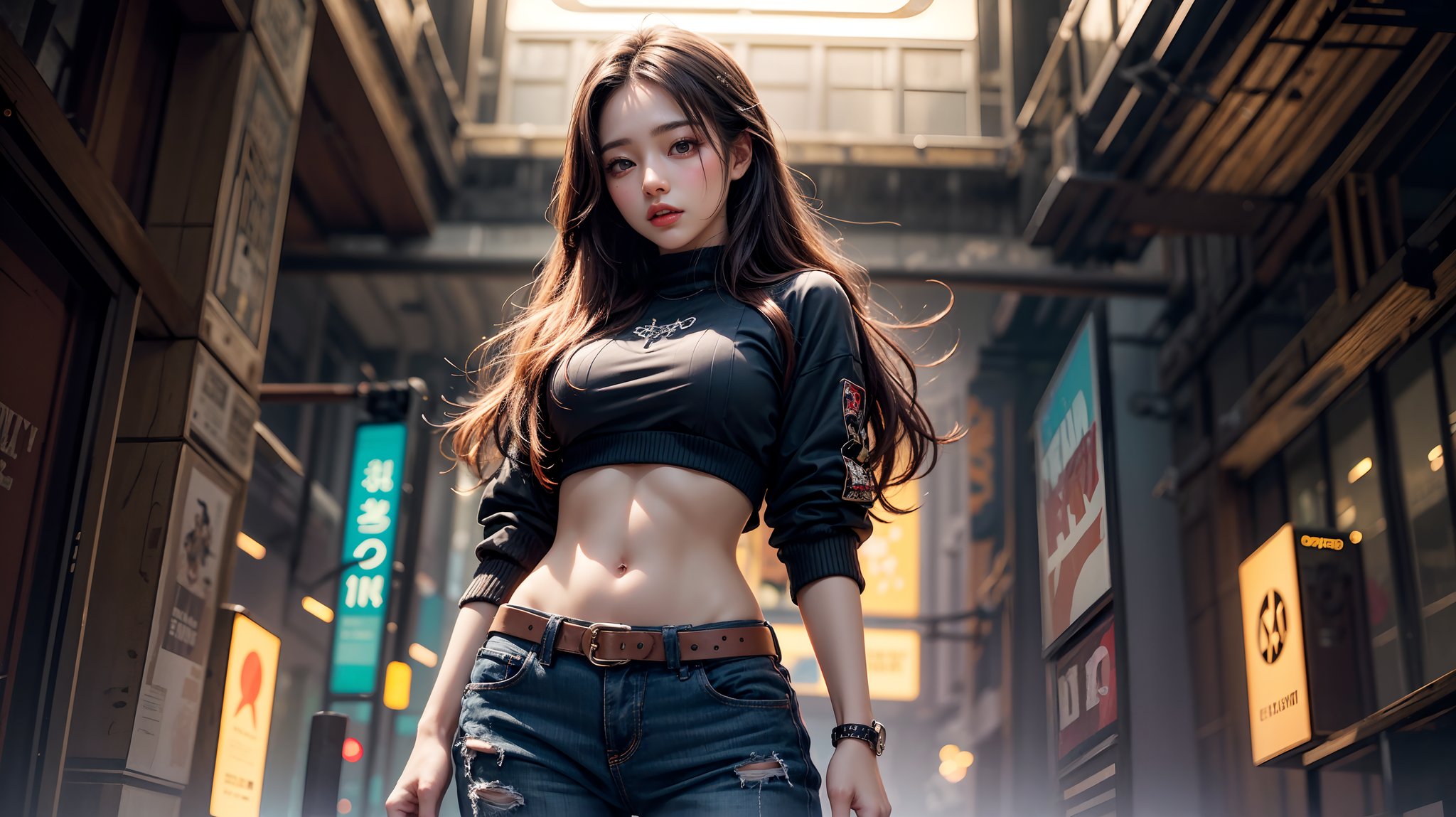 1girl, most beautiful korean girl, Korean beauty model, stunningly beautiful girl, gorgeous girl, 20yo, Avant-garde hairstyles, straight hair, looking at viewer, dark gothic cyberpunk woman, defiant face, pastel colors, in clothes, colorful hair, light yellow sweatshirt, pants, high detail, huoshen, TheLastOfUs, mgln,masterpiece, upper body photo, (from head to waist photo), from below:1.3, slim waist, 