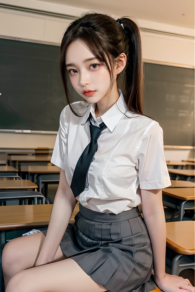 1 girl, high ponytail, school uniform, open clothes, Very short pleated skirt, a school classroom background, Sitting on the table with legs crossed, low angle shot:1.3, ,Mizuki_Lin