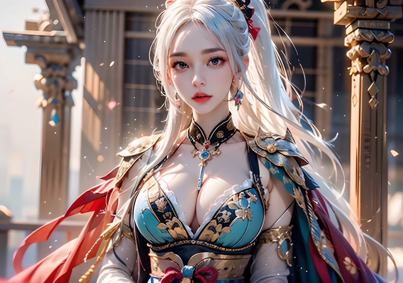 best quality, masterpiece, beautiful and aesthetic, 16K, (HDR:1.4), high contrast, Photorealistic, masutepiece, Photorealistic, High resolution, Soft light, hips up high, Blue eyes, White hair, high ponytail, Intricate details EABA, cloaks, spear, Samurai, armor, Japanese Katana Sword, Warrior, Samurai Helmet、beautiful anime woman, anime goddess, keqing from genshin impact, a beautiful fantasy empress、A bell hangs on his chest、Japanese style costume,More Detail,girl,1girl, swordup, dynamic photography, from below:1.3,1 girl,Mizuki_Lin