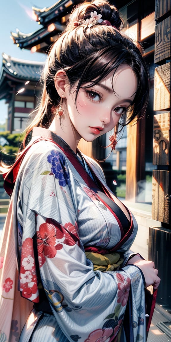 ((animestyle, digitalart, 4k)), (rich colors), ((film grain)), (sun light), ((japanese temple background)), (sakura blossom),(lighting on sky) forest nearby, (wind with sakura flowers), ((model shot)),(((1girl/))), ((shenhe)), ,((hot body)),(white robe, flower pattern),  quiet atmo, ,shenhe2,close up,Mizuki_Lin, upper body, from below