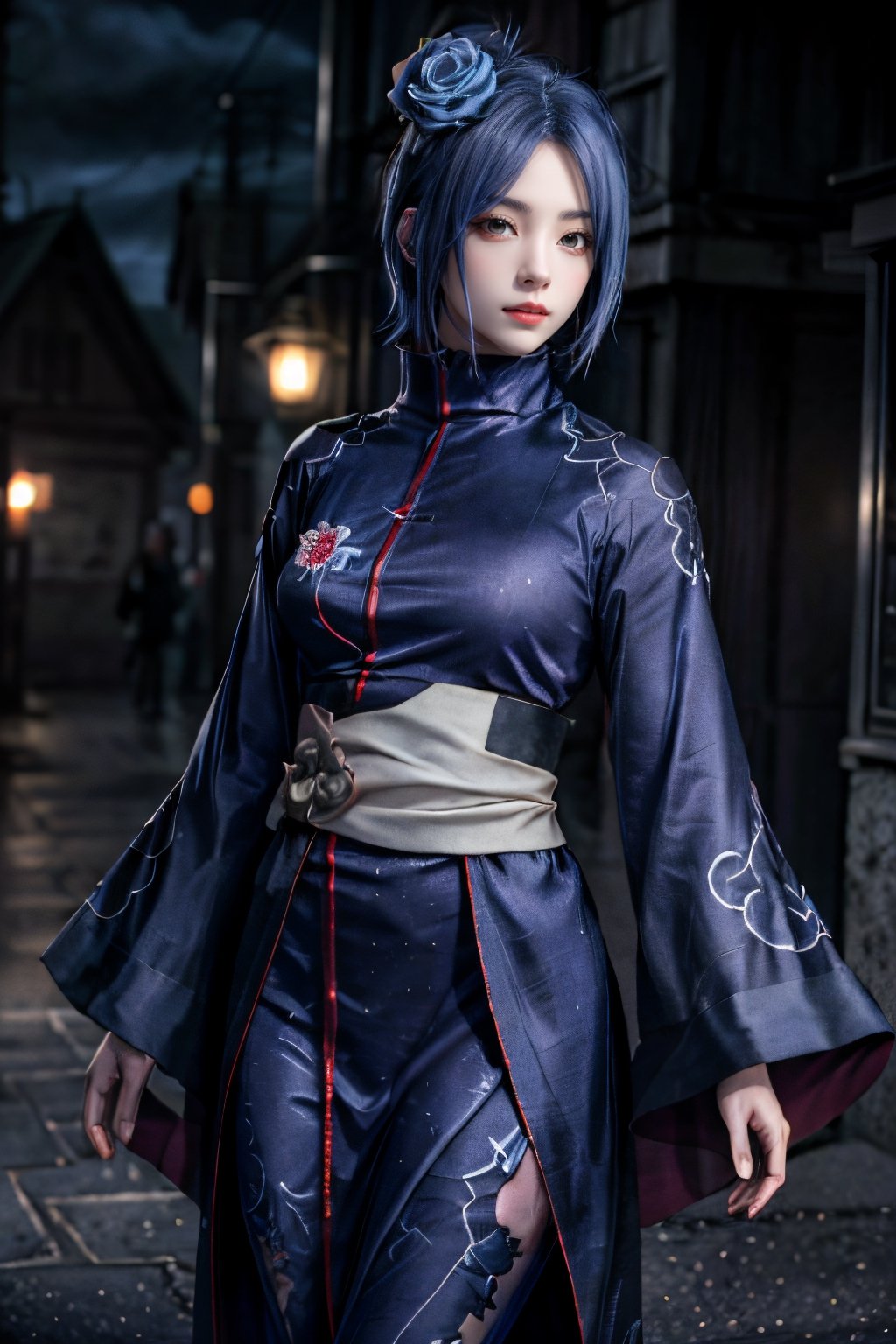 (Best quality:1.4), (detailed:1.3), (RAW photo:1.2), highres, intricate, 8K wallpaper, cinematic lighting, photorealistic, one woman, female_solo, blue hair, short hair, blue hair flower, akatsuki outfit, dynamic pose, dark city, facing viewer,Mizuki_Lin, robe, long sleeves