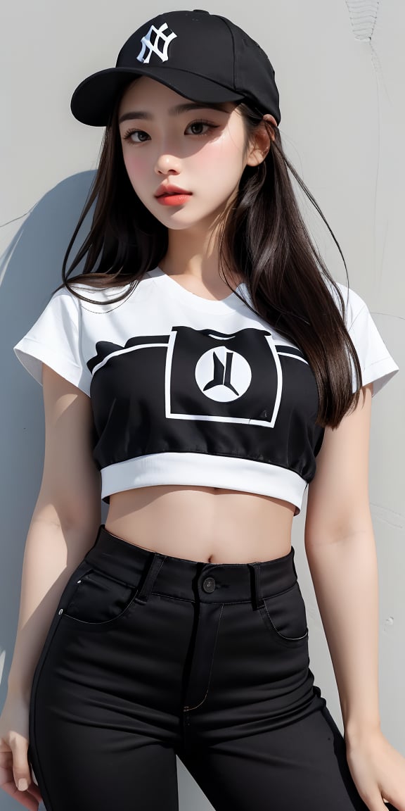 1girl, solo, long hair, brown hair, ((Upper body)), (casual black cap with Newyork yankee logo), aethestic girl, ((mastepiece: 1.5))), sexy, open clothes, midriff, pants, ((low waist black pants)), tight crop top, ((white top: 1.2)), denim, sneakers, beautiful waist, exposed navel, huge breasts, piel suave.Eyes,Detail, low angle shot, 