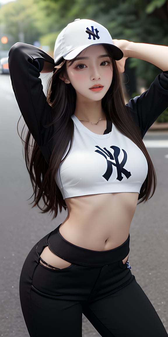 1girl, solo, long hair, brown hair, ((Upper body)), (casual black cap with Newyork yankee logo), aethestic girl, ((mastepiece: 1.5))), sexy, open clothes, midriff, pants, ((low waist black pants)), tight crop top, ((white top: 1.2)), denim, sneakers, beautiful waist, exposed navel, exposed belly, huge breasts, piel suave.Eyes,Detail, low angle shot, arms up, 