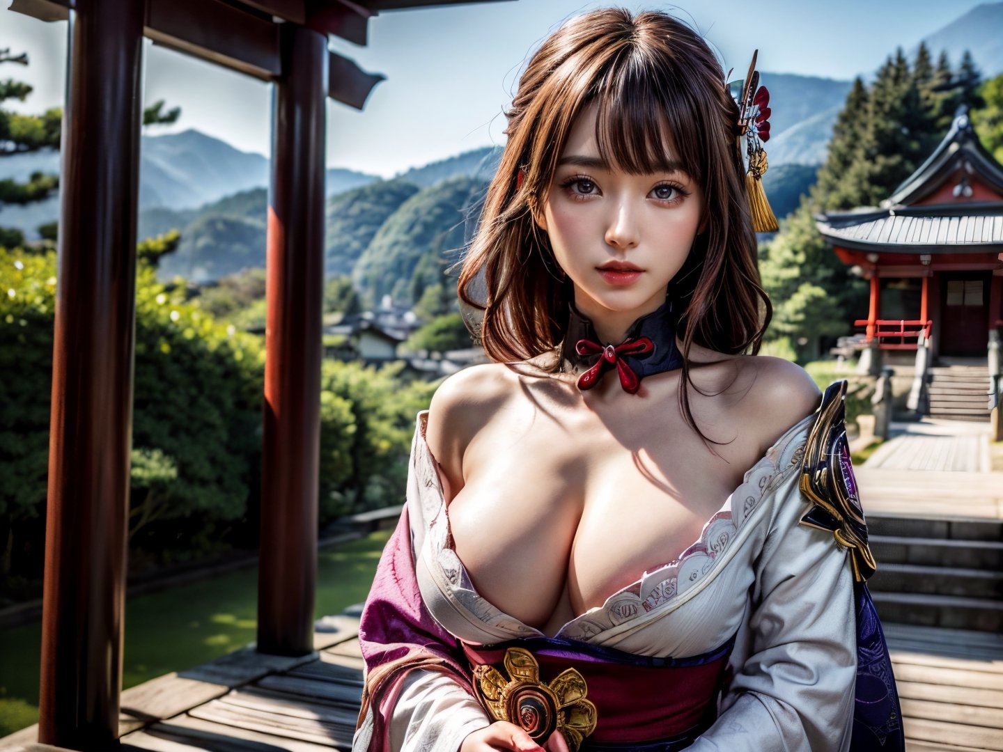 (masterpiece, top quality, best quality, official art, beautiful and aesthetic:1.2), (1girl), breasts, extreme detailed, highest detailed, scenery, raidenshogundef, Japanese shrine background, torii, daytime, sunlight,